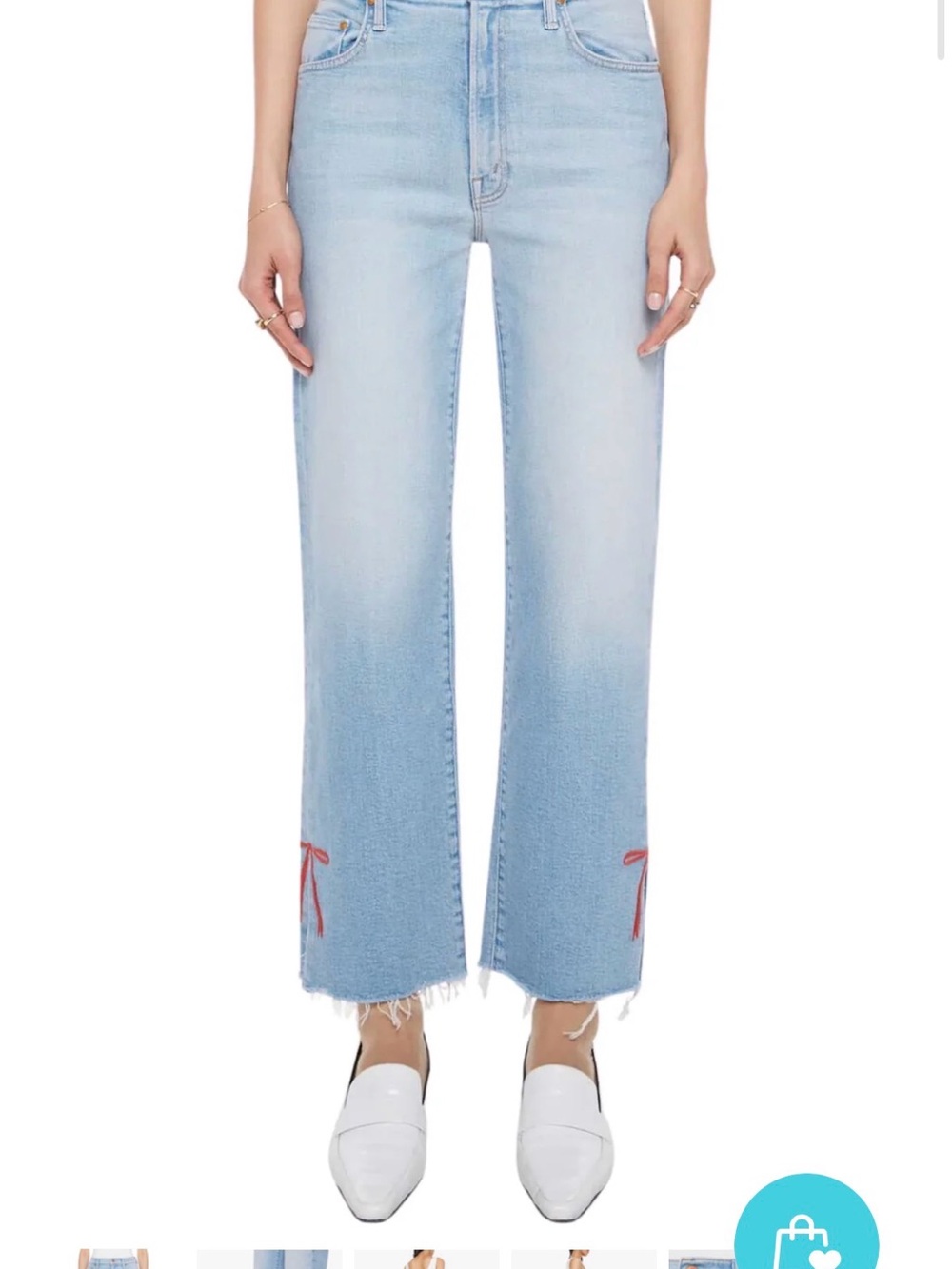 MOTHER Light Blue Wide-Leg Crop Jeans with Red Embroidered Ties